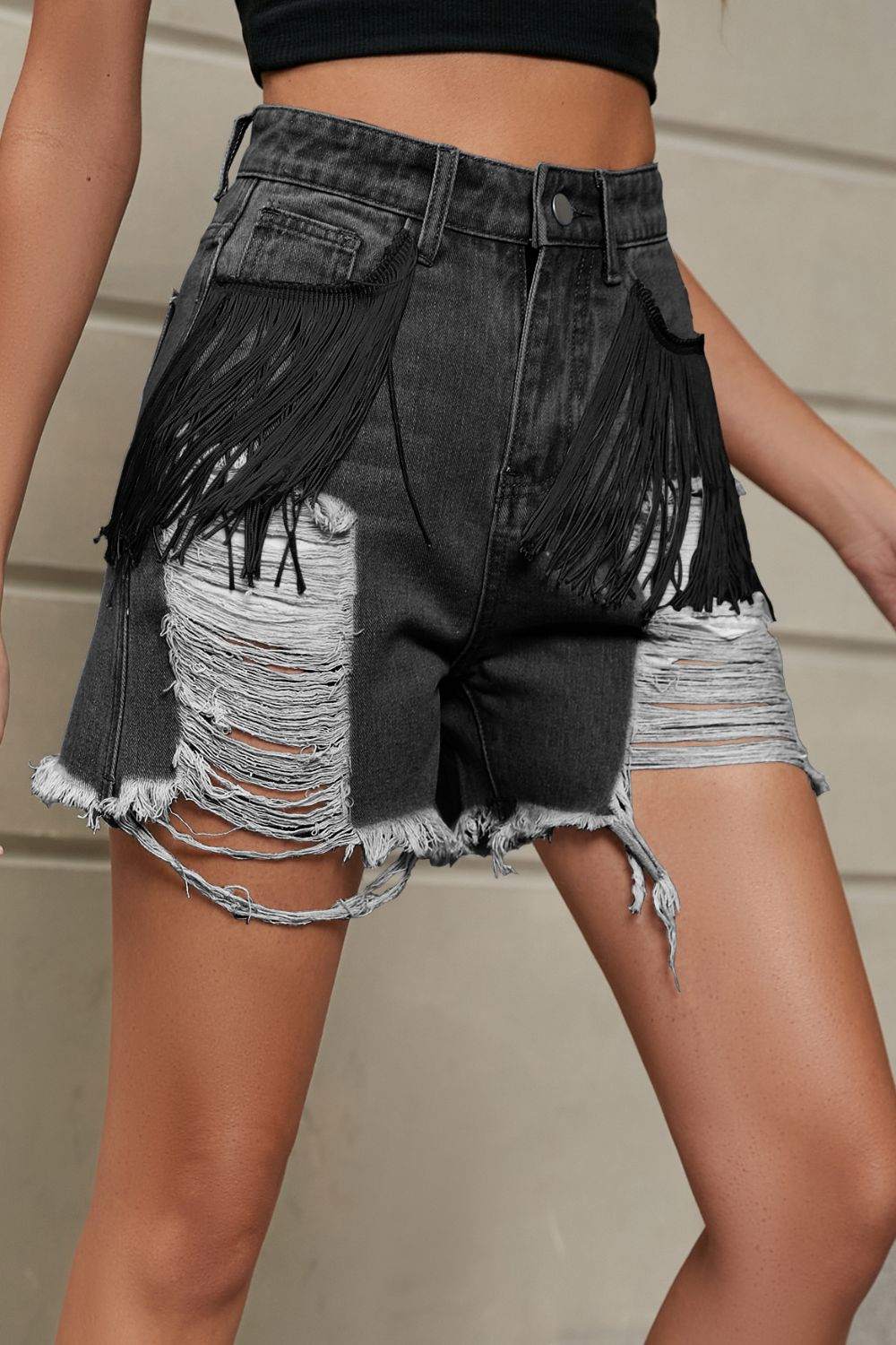 Fringe Trim Denim Shorts with Pockets - Distressed Style - Redemption By Ashley North