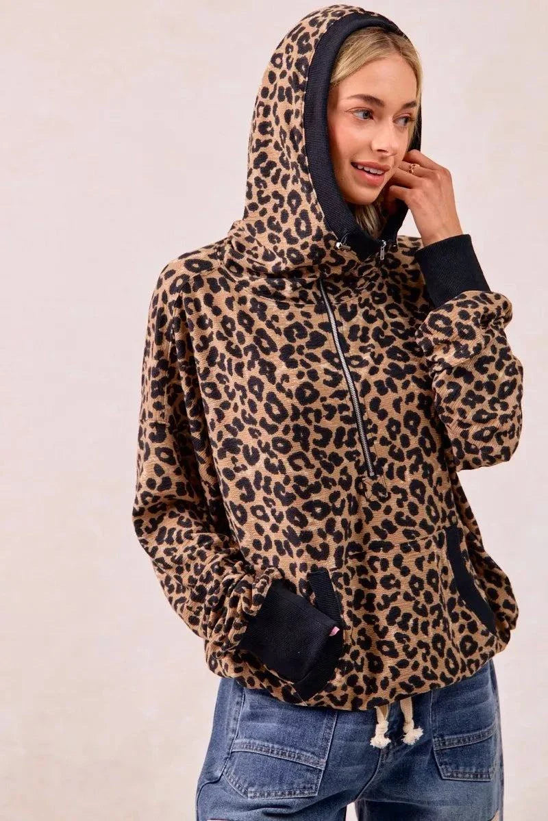 Leopard print waffle knit half zip hoodie with pockets and drawstring hood