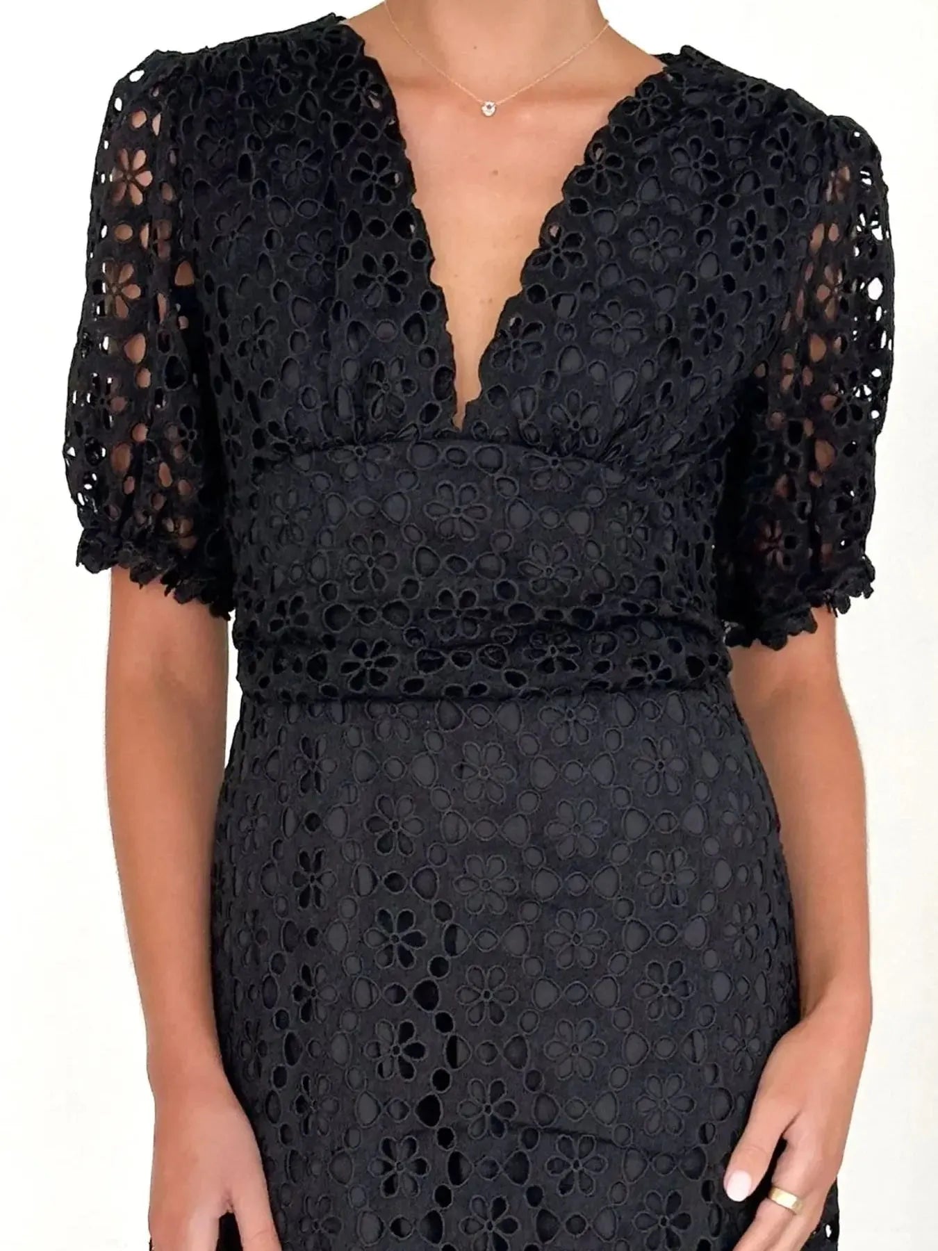 Eyelet Lace V-Neck Dress with Puff Sleeves - Elegant Midi Style.