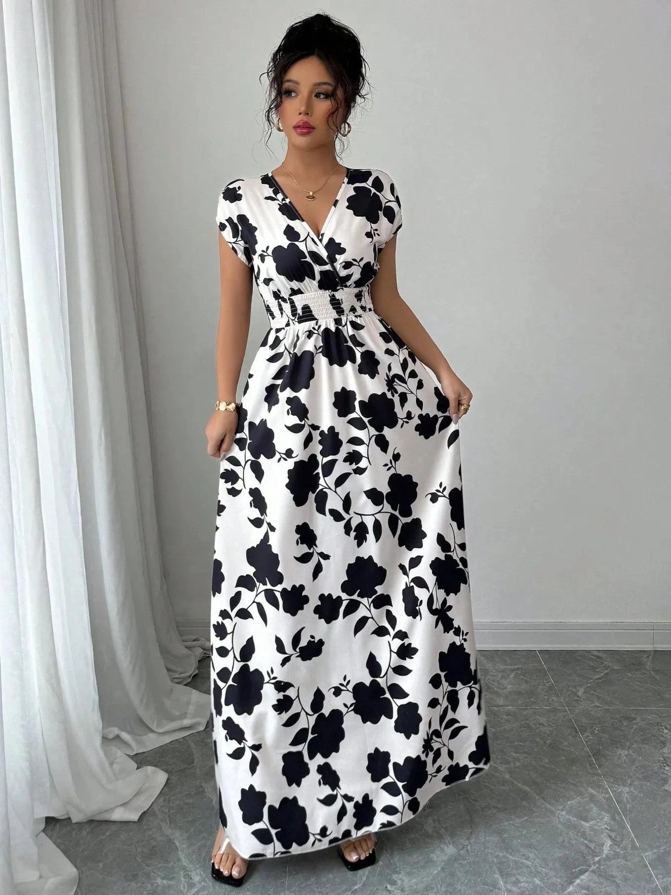 Printed Maxi Dress with Surplice Cap Sleeves - Elegant and Flowy Design - Redemption By Ashley North