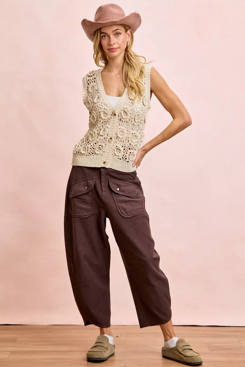 Woman wearing BiBi Washed Terry Pants with pockets in dark brown casual style