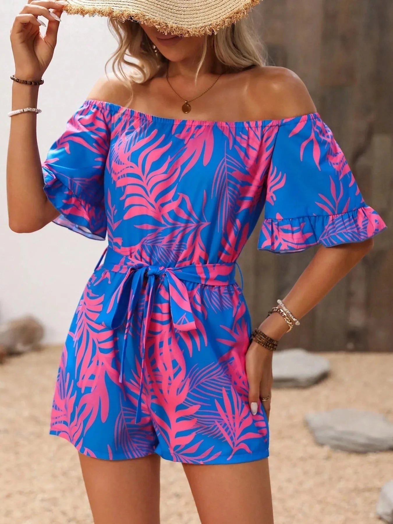 Tropical Print Off-Shoulder Romper - Redemption By Ashley North