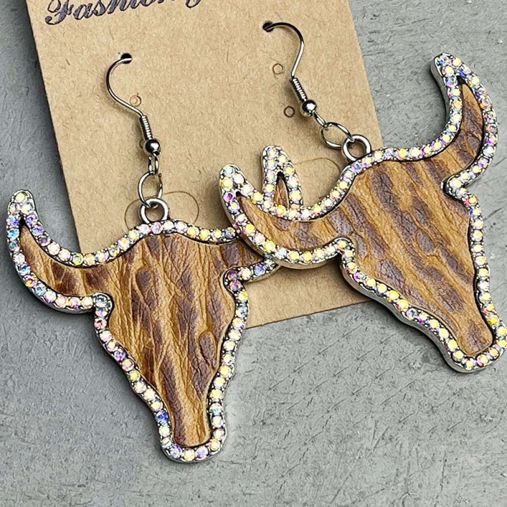 Western style rhinestone trim alloy bull head earrings with wood texture