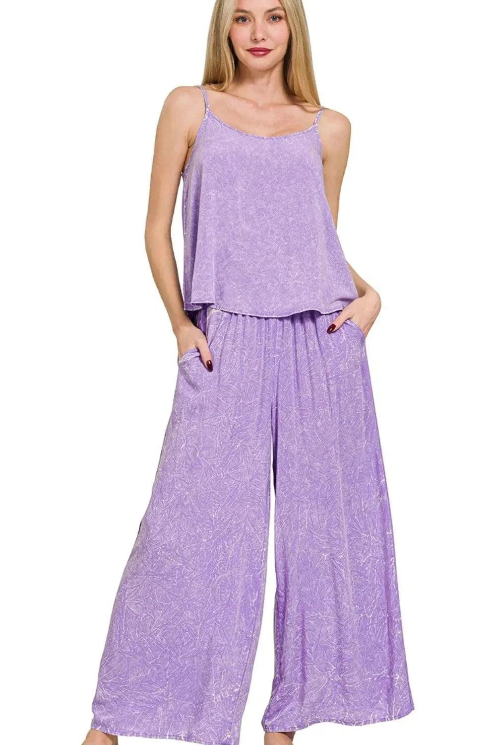 Zenana Woven Crinkle Cami Pants Set - Stylish 2 Piece Washed Outfit - Redemption By Ashley North