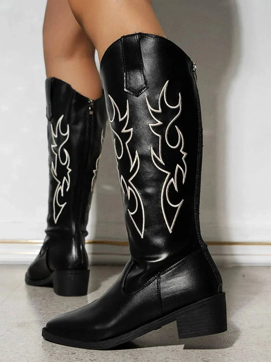 Black round toe block heel boots with white embroidery, stylish and comfortable knee-high design