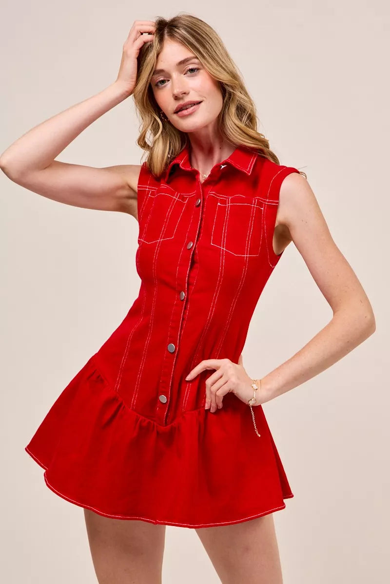 SO ME Button Down Sleeveless Collared Game Day Mini Dress.