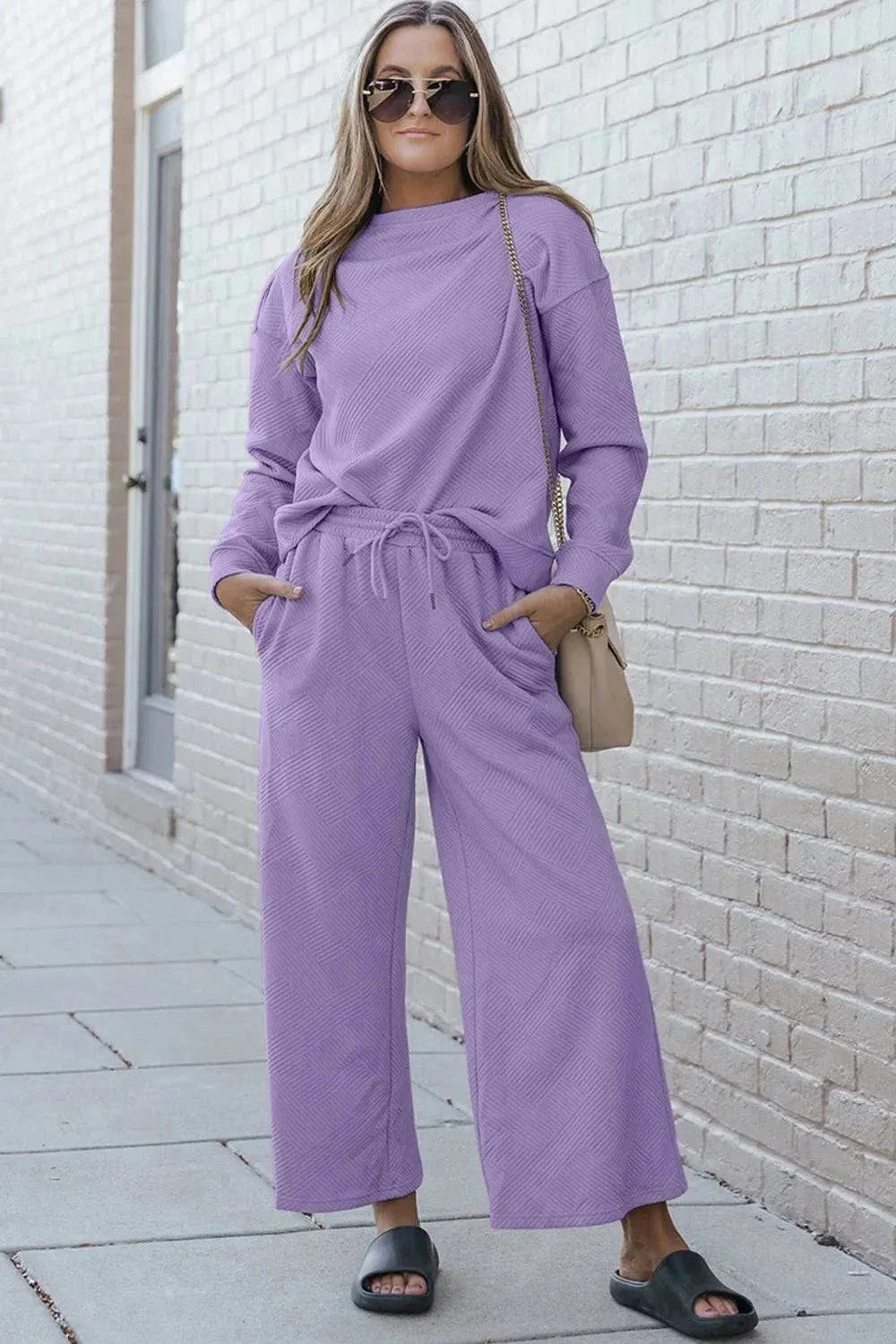 Textured Long Sleeve Set and Pants with Drawstring - Double Take Collection - Redemption By Ashley North