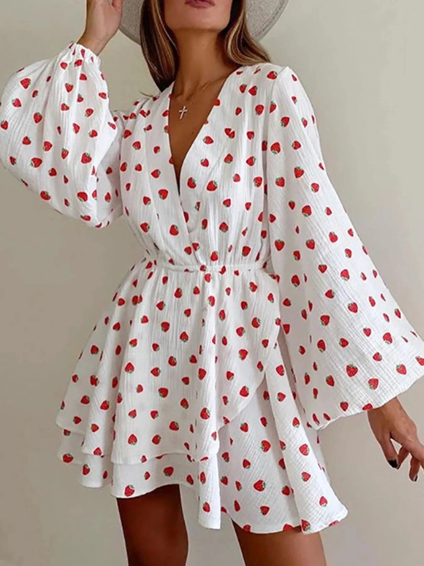 Strawberry Print Mini Dress with Long Sleeves for Effortless Style - Redemption By Ashley North