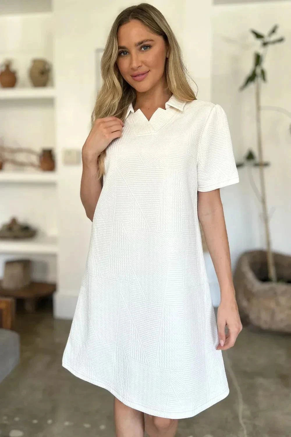 Short Sleeve Texture Dress - Double Take Full Size Fashion - Redemption By Ashley North