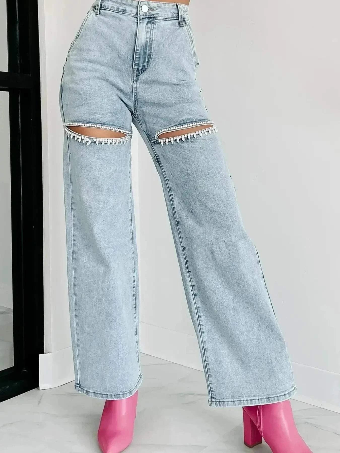 High Waist Wide Leg Jeans with Cut-Out Design - Redemption By Ashley North