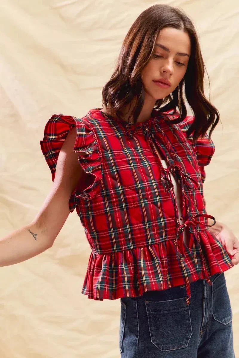 Christmas holiday plaid ruffled quilt vest top in red plaid with tied front and layered ruffle details