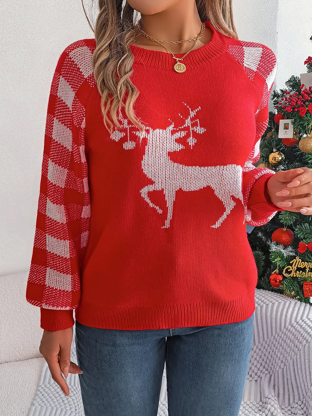 Reindeer Plaid Round Neck Long Sleeve Sweater.