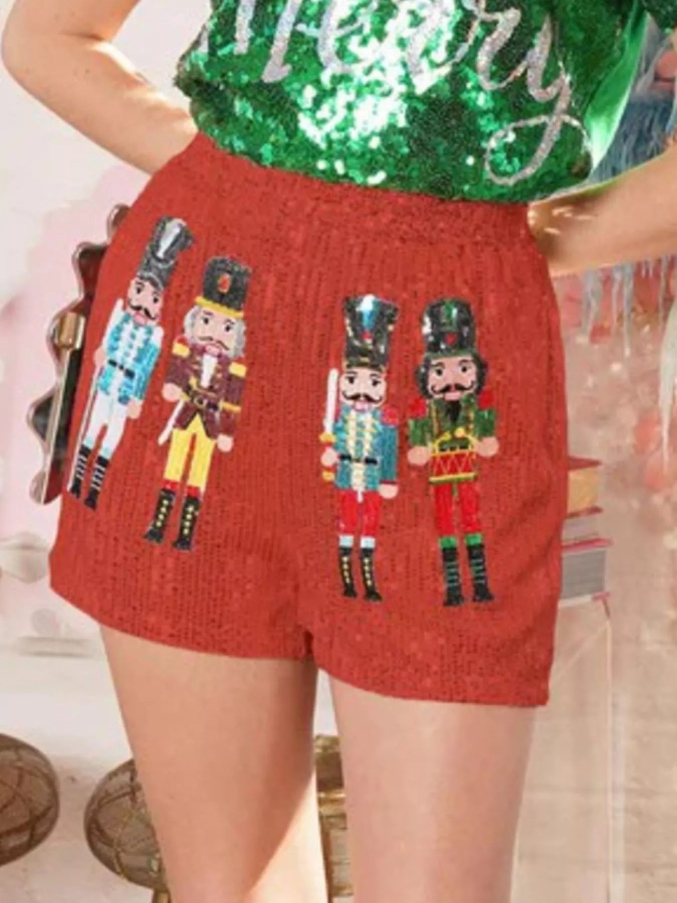 Christmas Sequined Nutcracker Shorts.