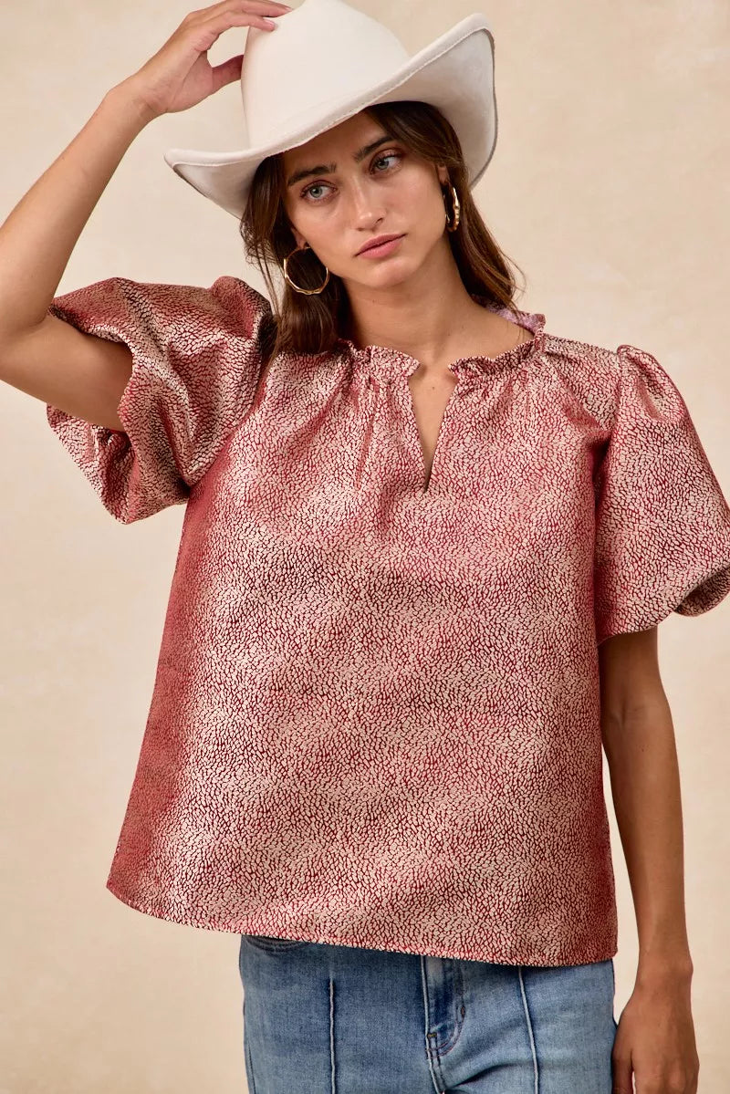 Woman wearing BiBi Jacquard Woven short balloon sleeves V neck top with ruffled neckline and textured fabric