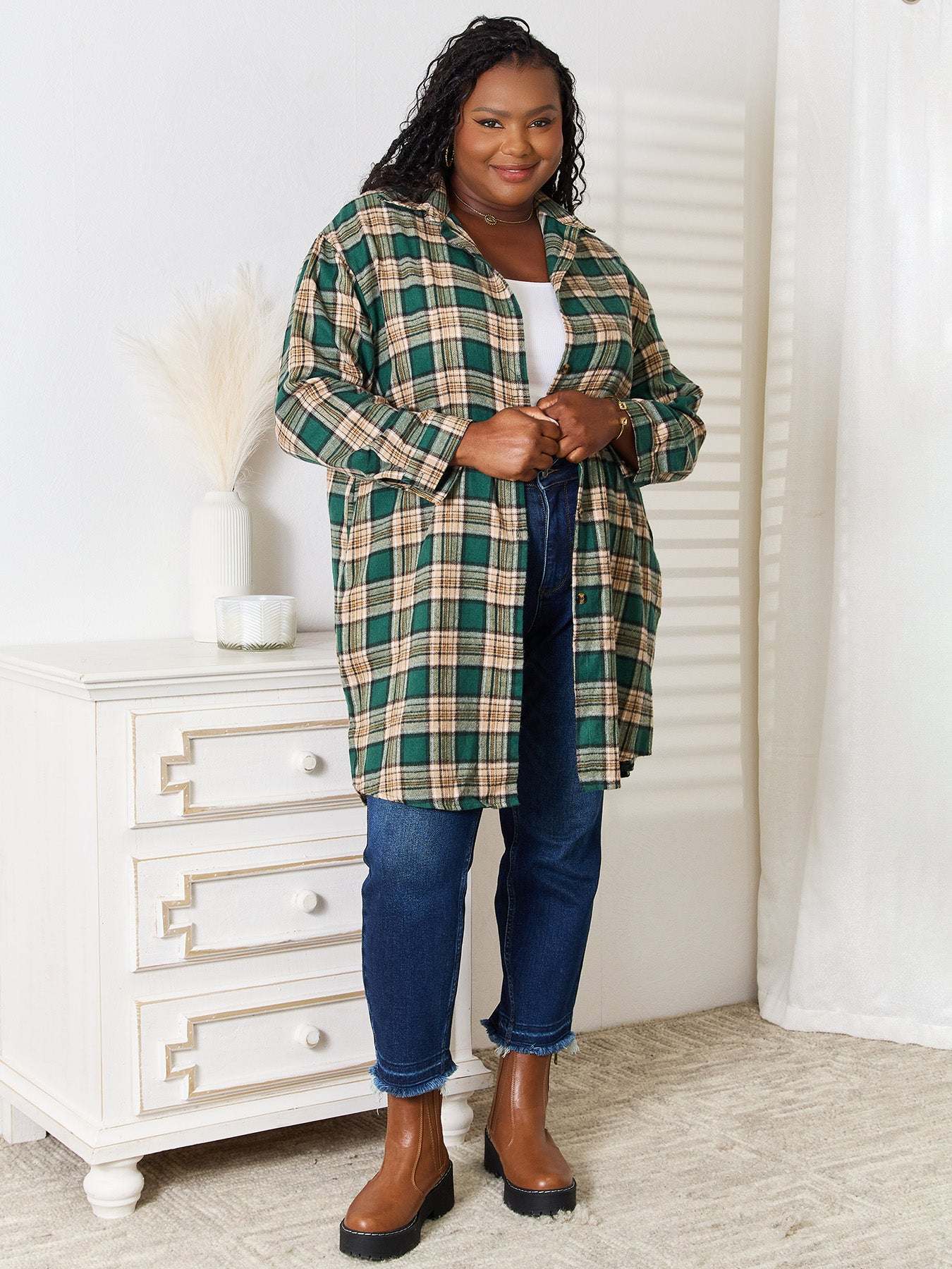 Mandy Plaid Collared Neck long sleeve shirt in green and beige plaid worn by plus size model with jeans and boots