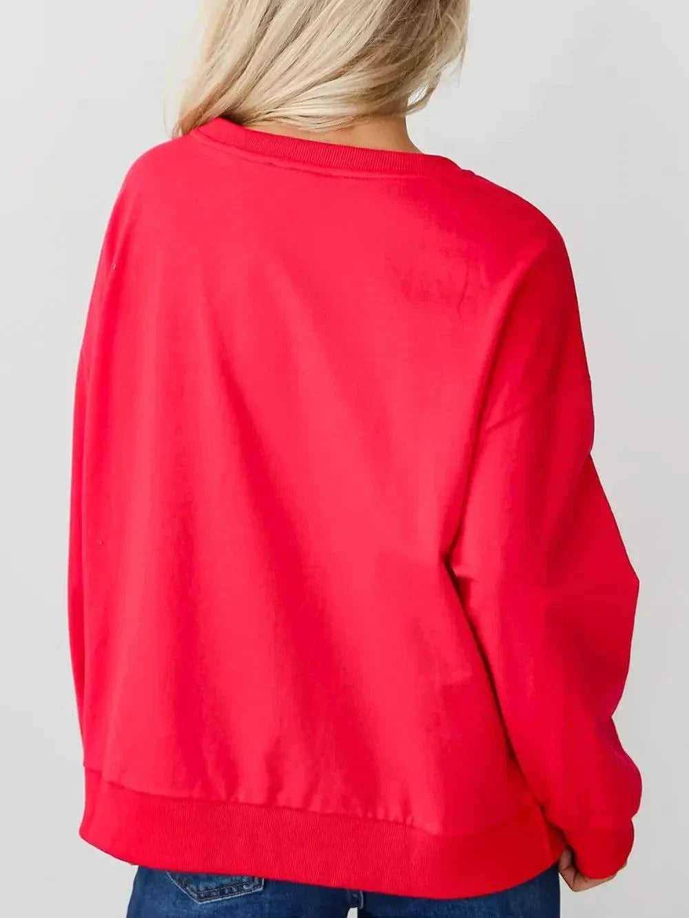 Back view of a red Letter Round Neck long sleeve sweatshirt made of polyester and cotton blend, basic style with no stretch, machine washable