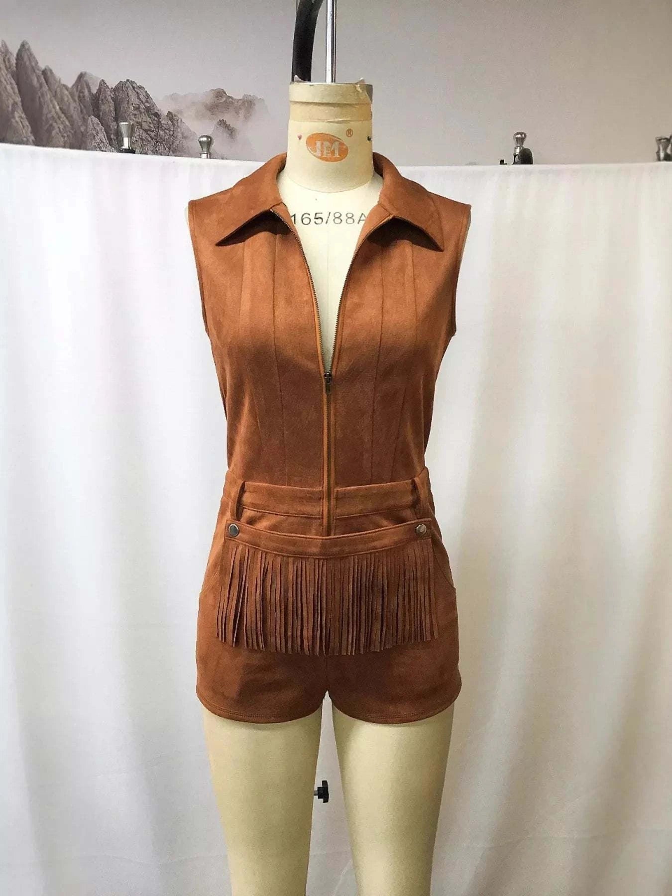 Full Size Fringe Zip Front Sleeveless Romper Plus Size.