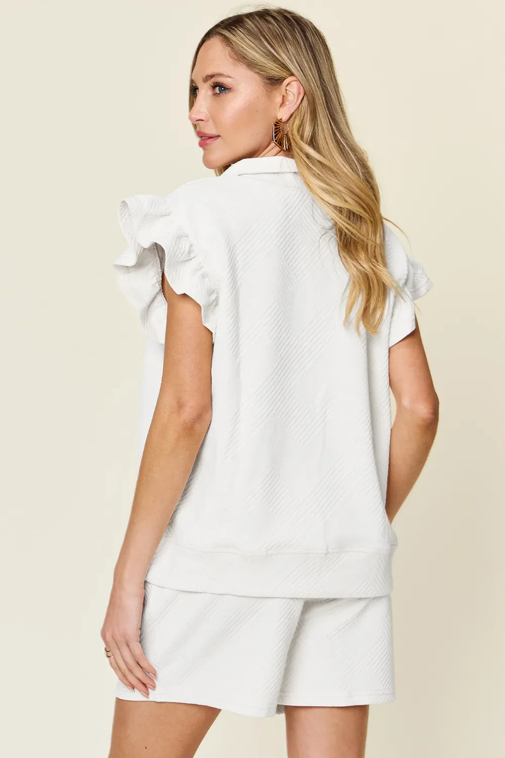 Double Take Full Size white texture flounce sleeve top and drawstring shorts set back view
