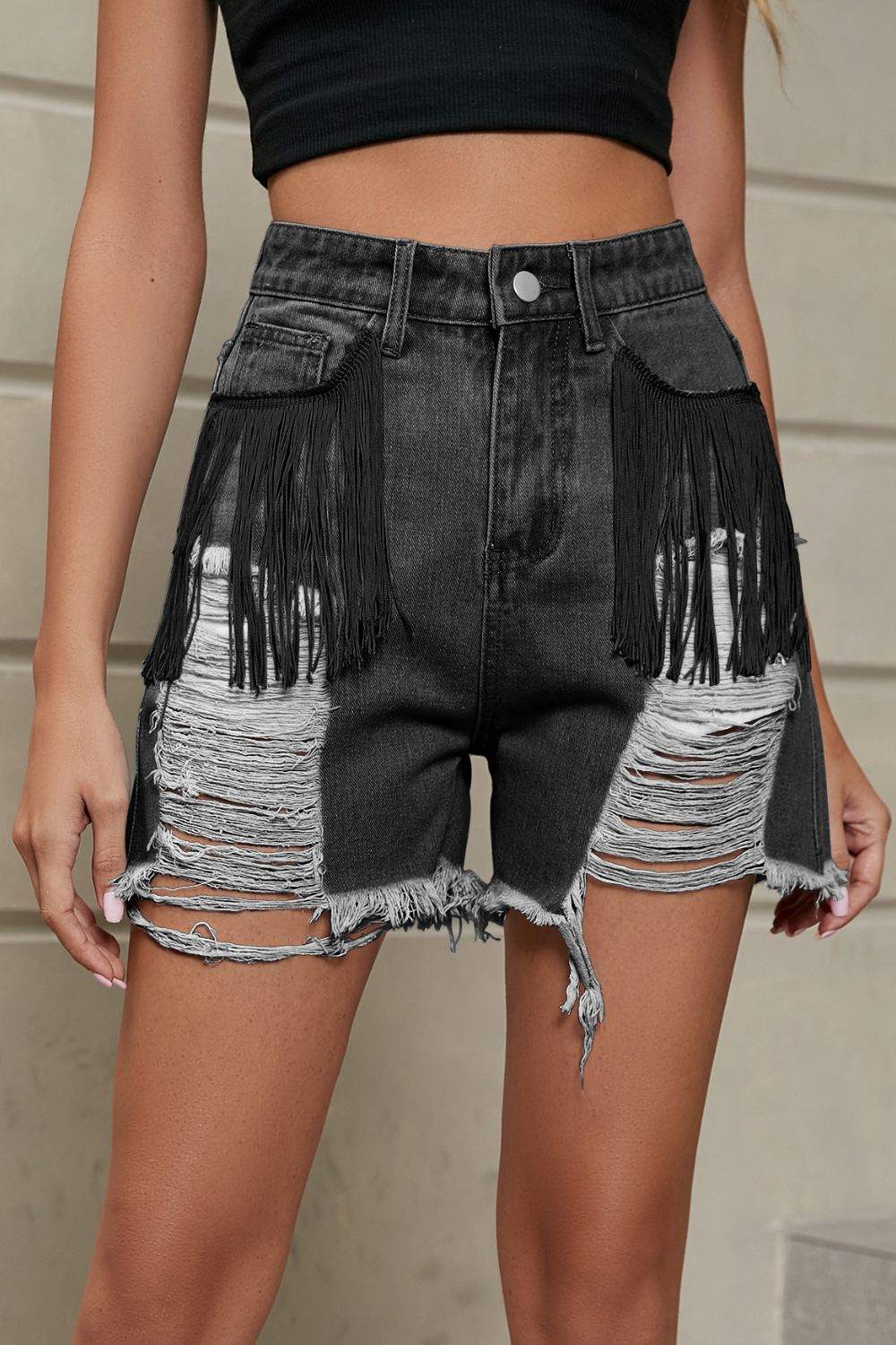 Fringe Trim Denim Shorts with Pockets - Distressed Style - Redemption By Ashley North