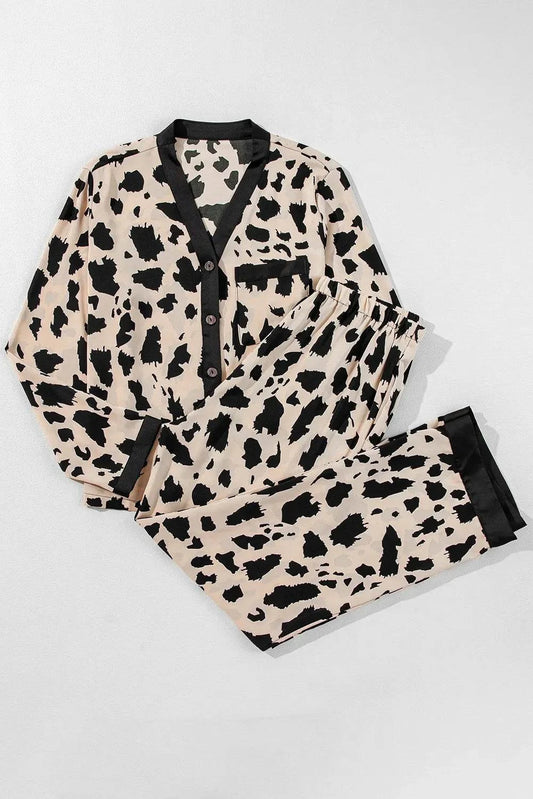 Button up long sleeve top and pants lounge set with black and beige animal print design