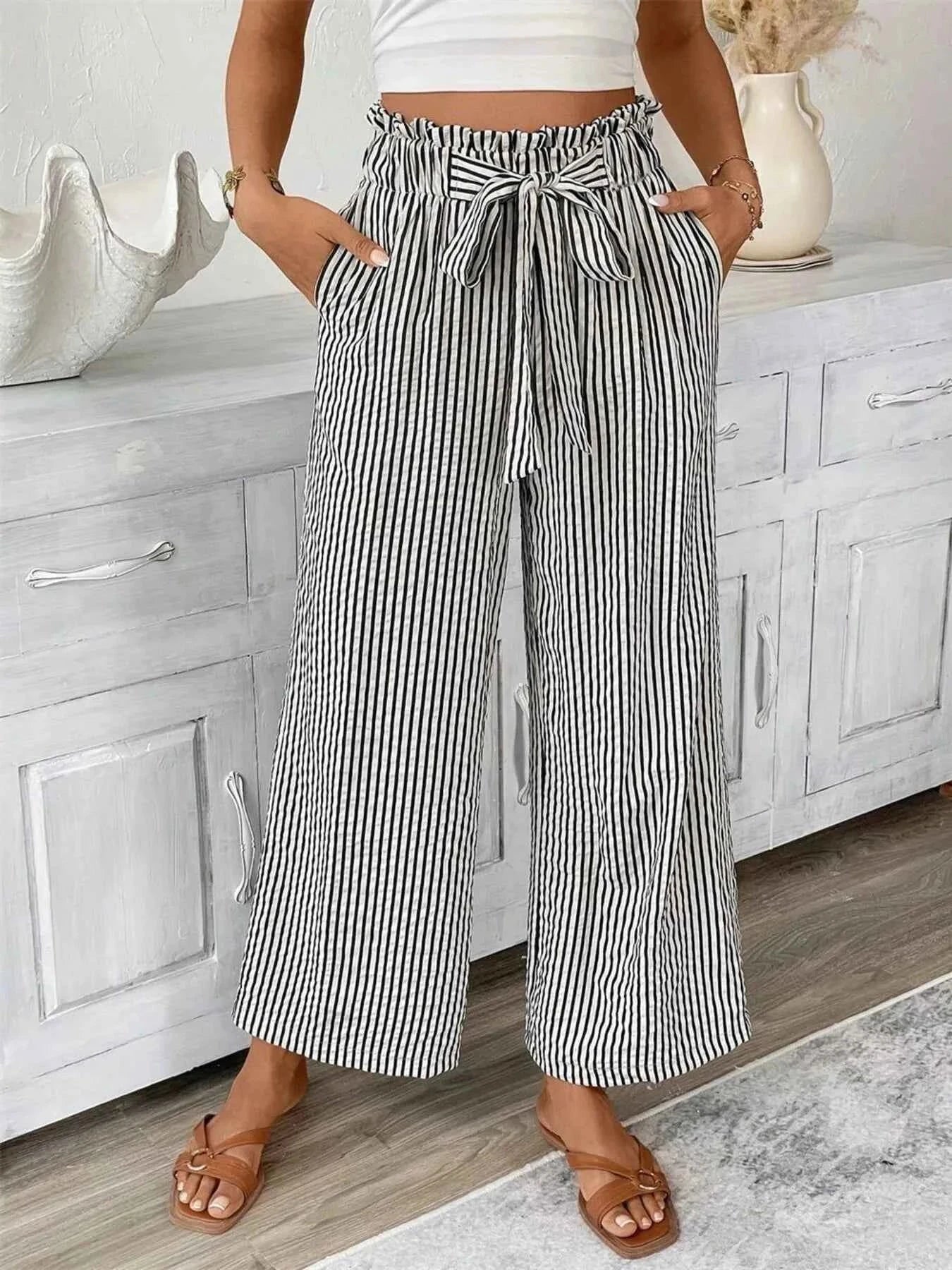 Full Size Plus Size Wide Leg Pants - Stylish Striped Design - Redemption By Ashley North