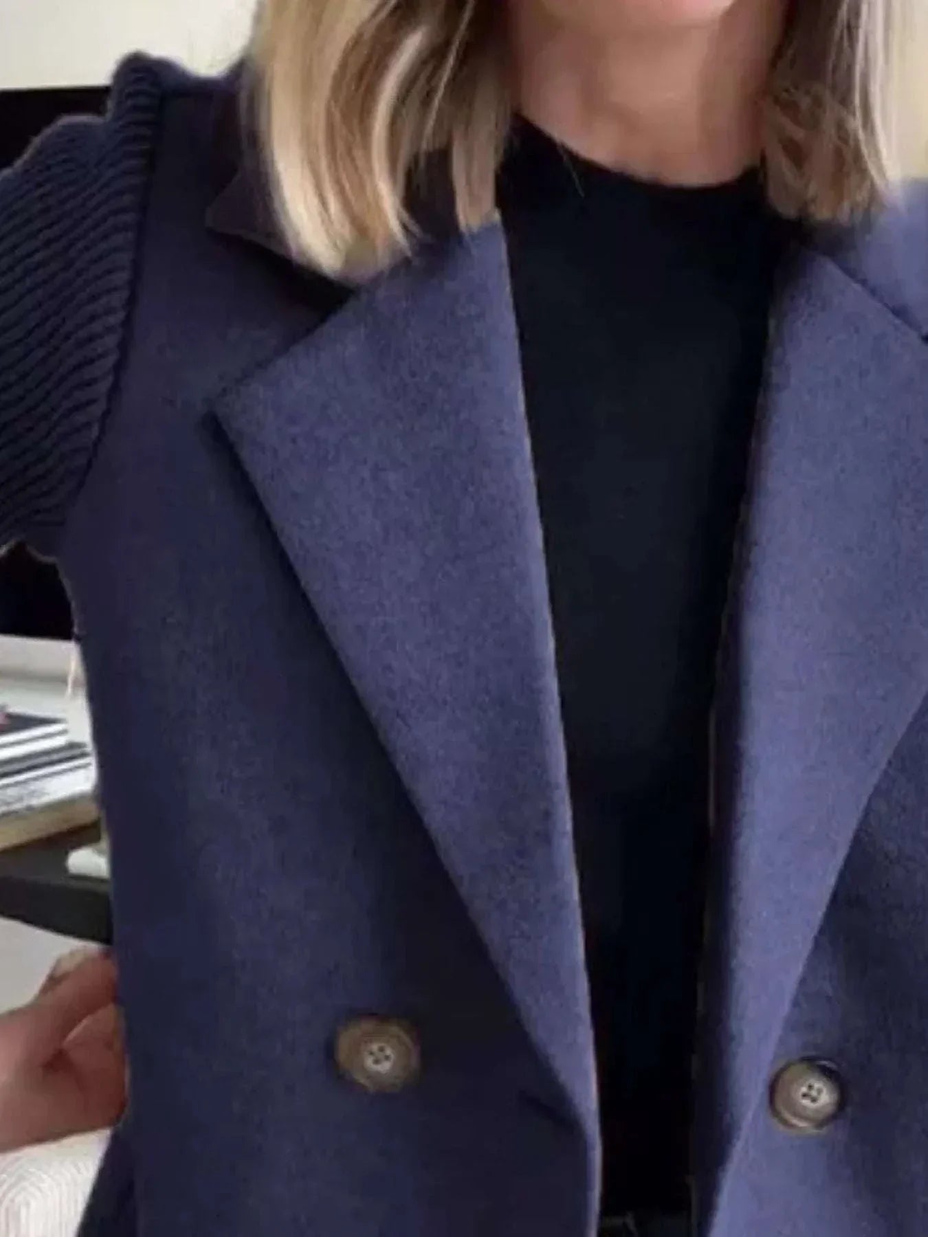 Plus size double-breasted outerwear with full size knit sleeves in navy blue