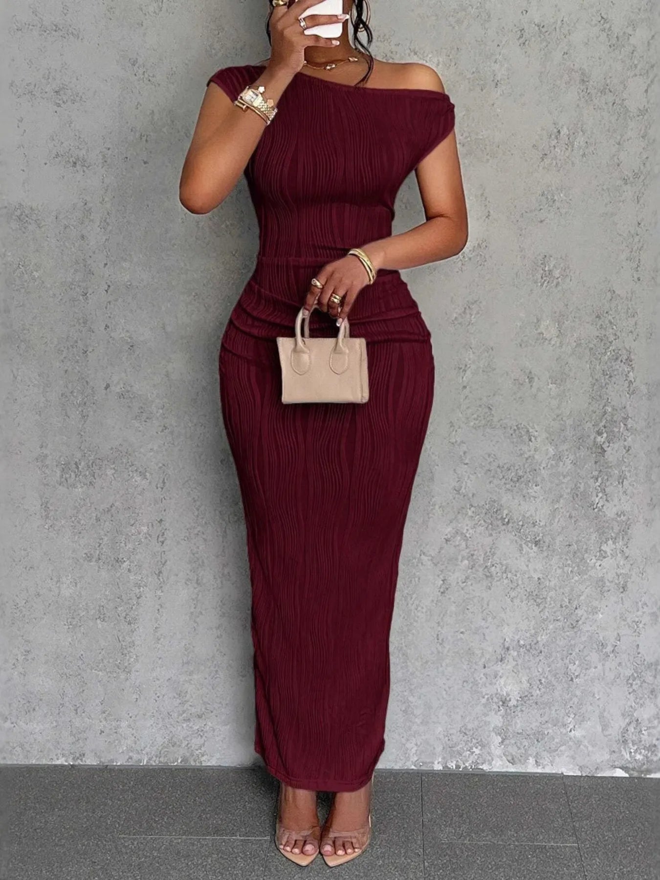 Textured Bodycon Maxi Dress with Single Shoulder Design - Redemption By Ashley North
