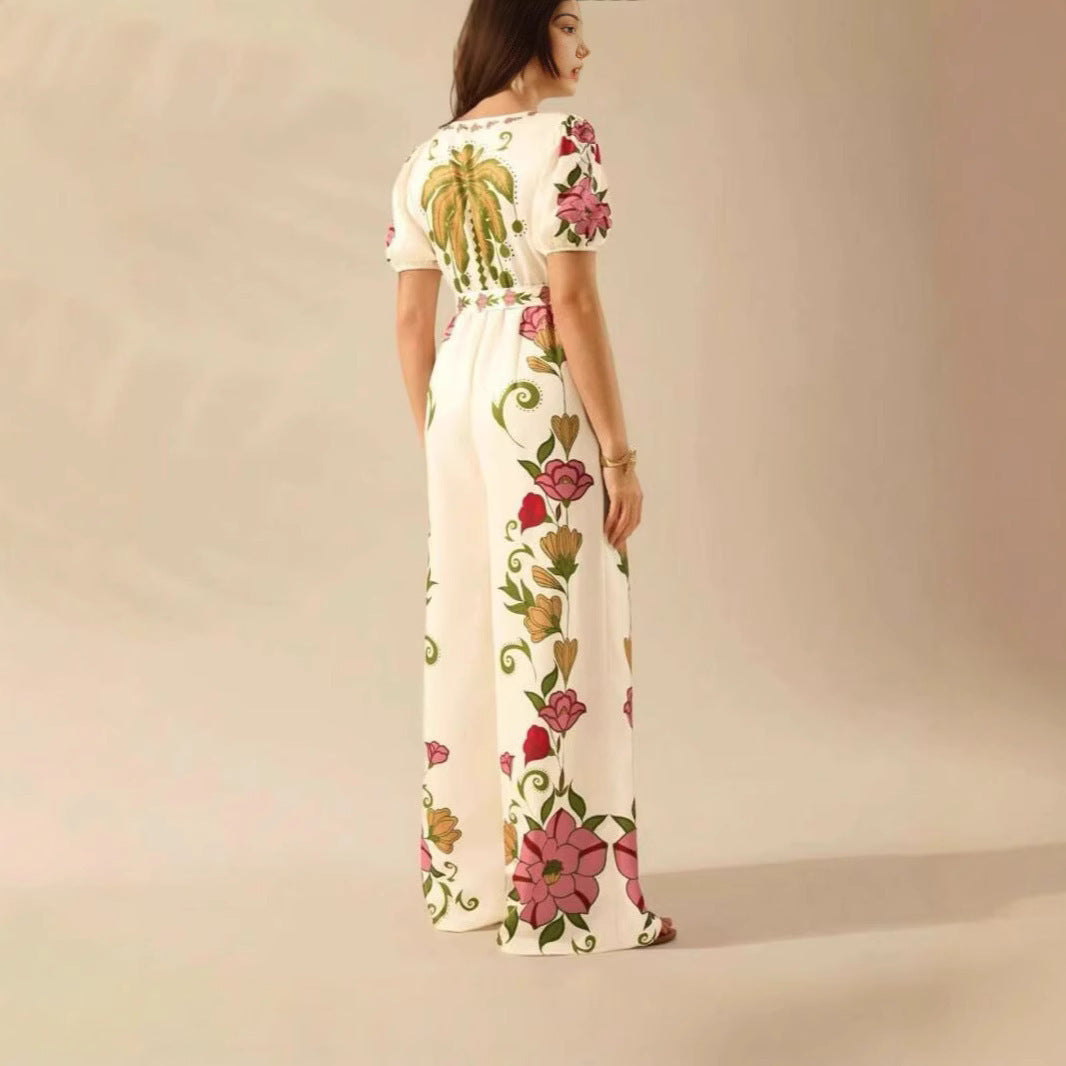 Women's Wide-leg Jumpsuit with Deep V-neck and Printed Fashion Design - Redemption By Ashley North