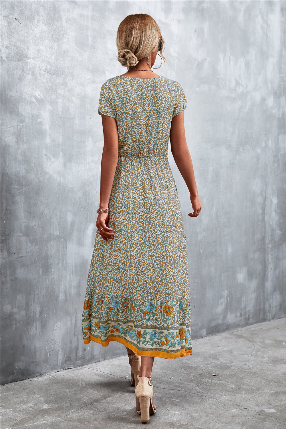 Bohemian Maxi Dress for Women: V-Neck Short Sleeve Printed Maxi Dress - Redemption By Ashley North