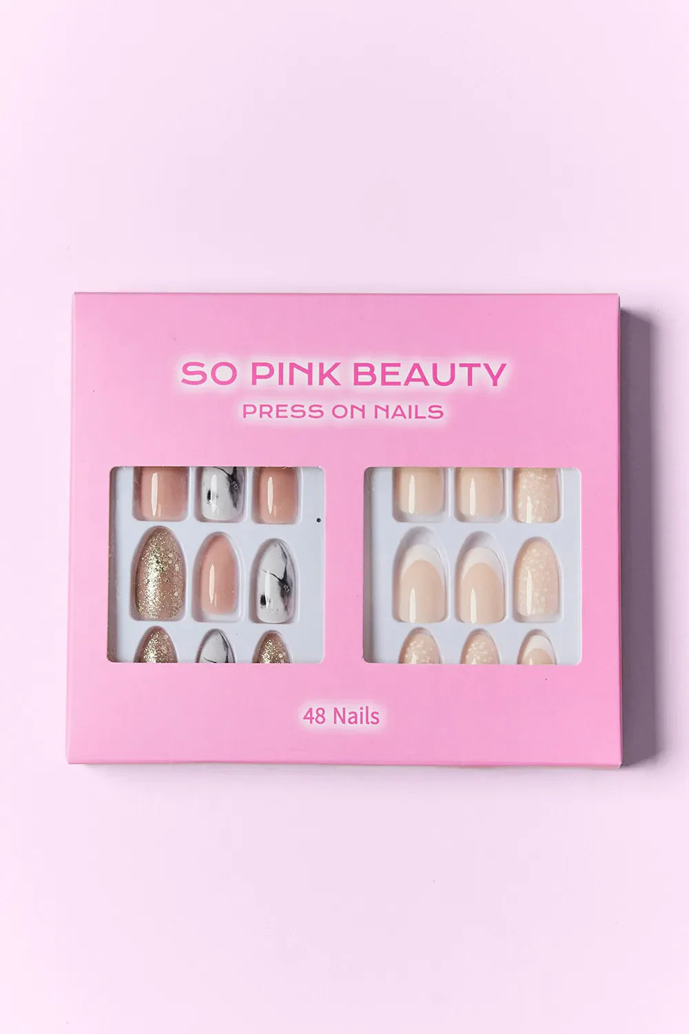 SO PINK BEAUTY press on nails 48-piece two pack with versatile designs in pink packaging