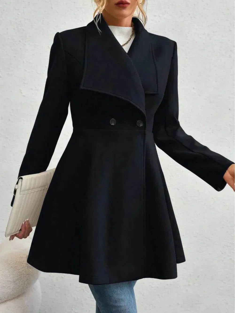 Black collared neck button up long sleeve coat with flared hem and double-button front closure
