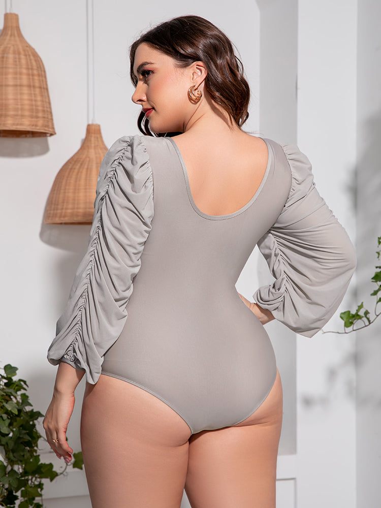 Plus Size One Piece Swimsuit with Tied Deep V and Balloon Sleeves - Redemption By Ashley North