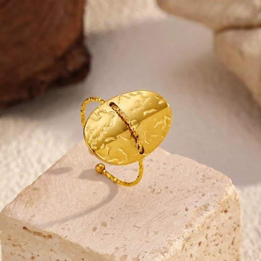 Hammered Disc Open Ring 18K gold-plated stainless steel adjustable jewelry accessory