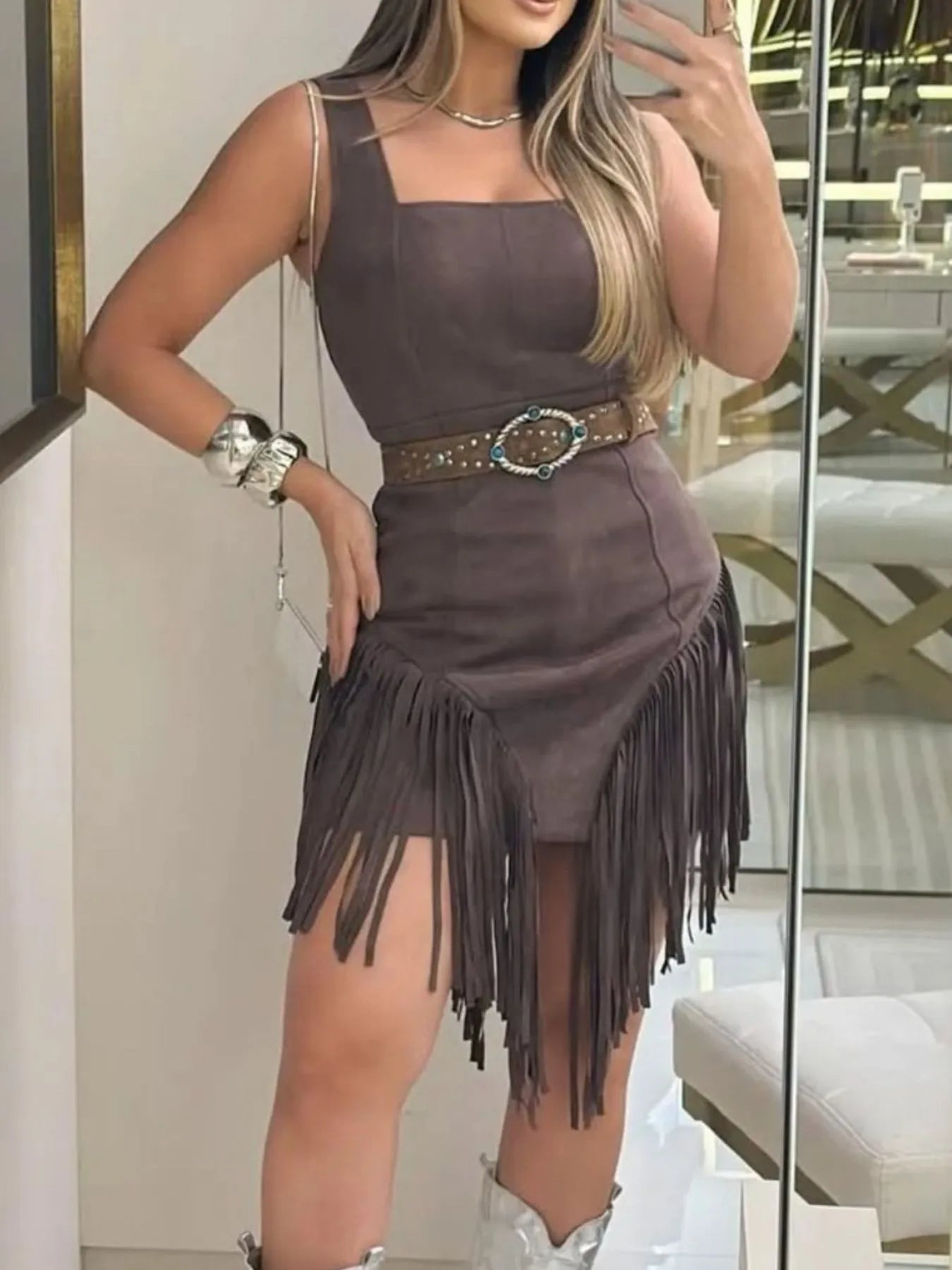 Fringe Bodycon Mini Dress with Square Neck Design.