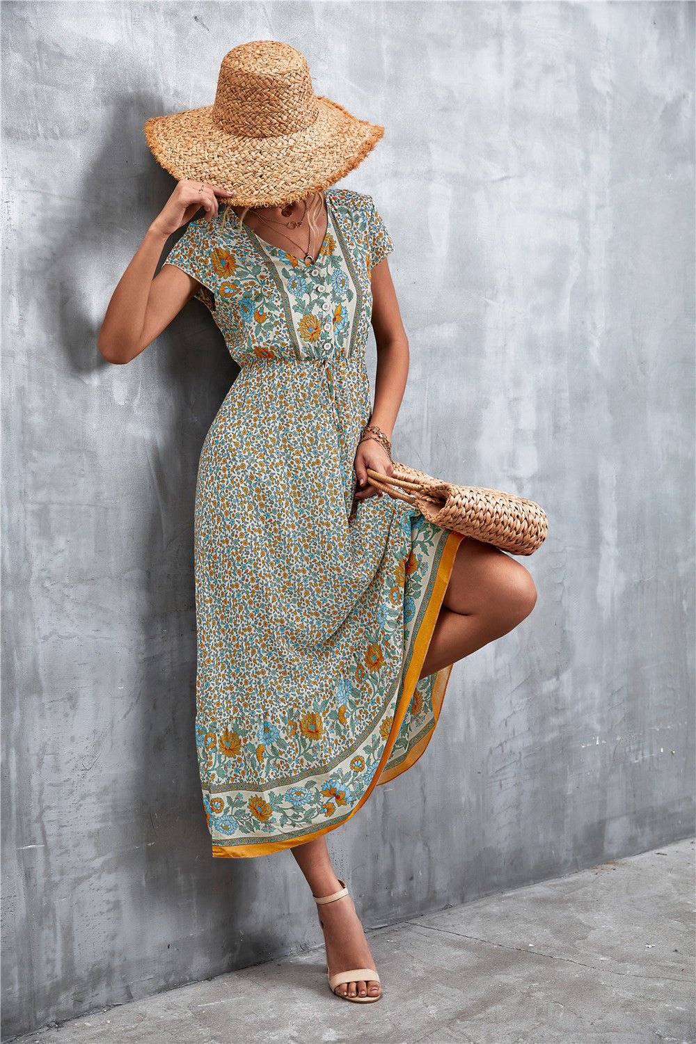 Bohemian Maxi Dress for Women: V-Neck Short Sleeve Printed Maxi Dress - Redemption By Ashley North