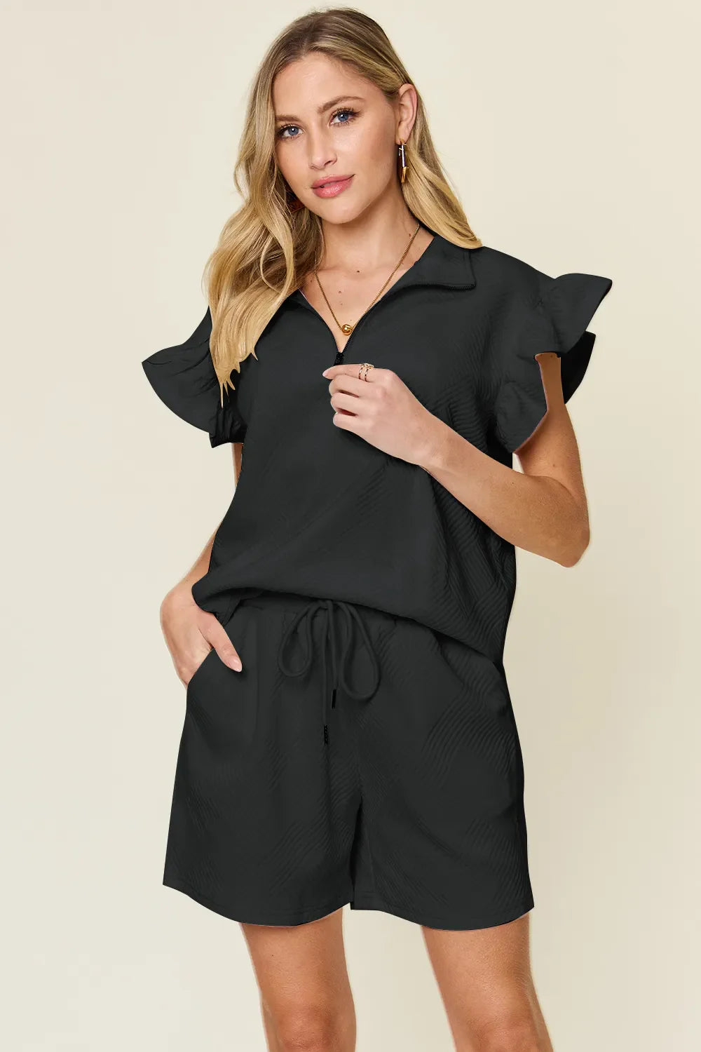 Double Take Full Size black two-piece top and drawstring shorts set with texture flounce sleeves
