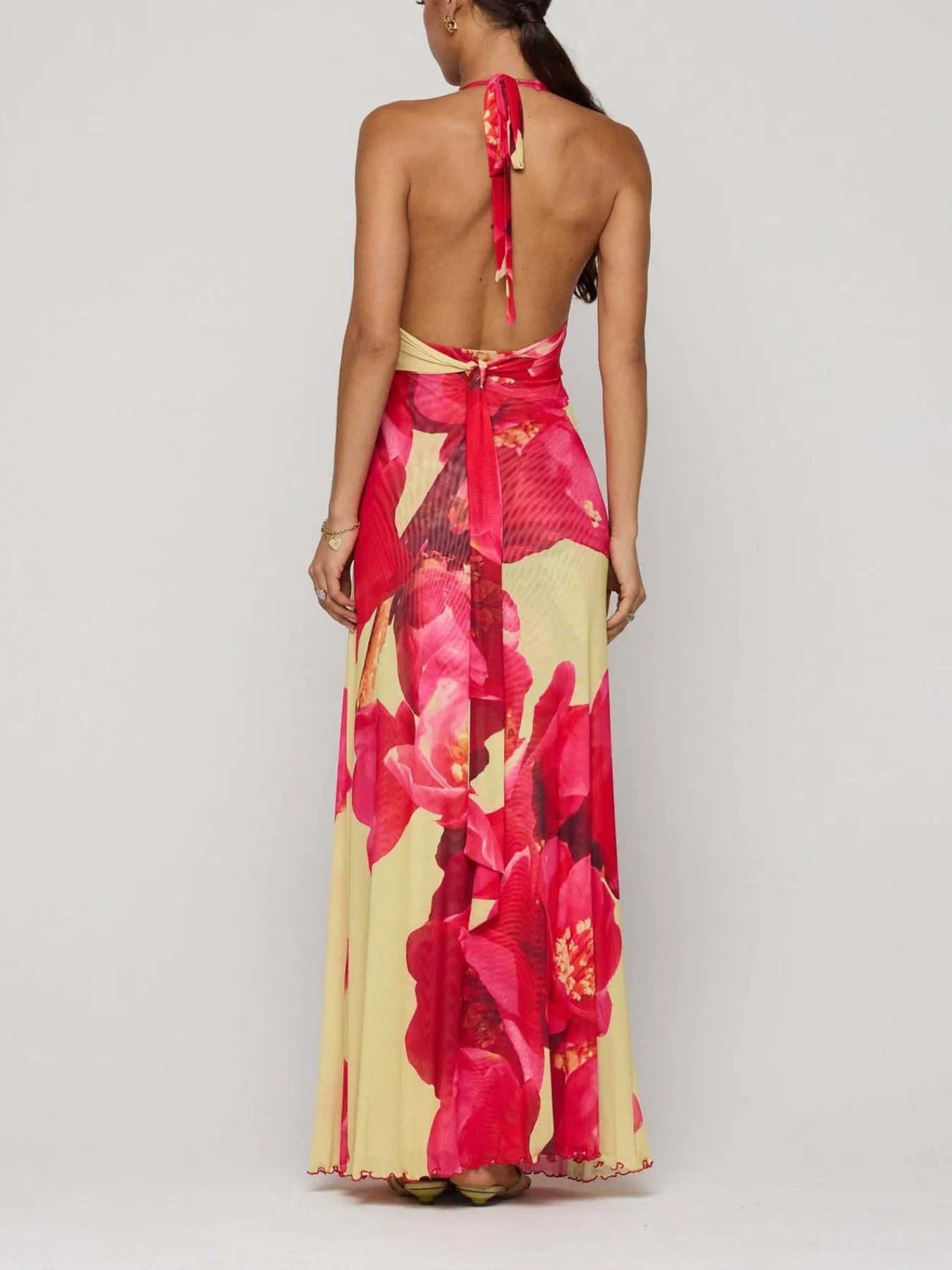 Floral Maxi Dress with Halter Neck and Deep V Design.