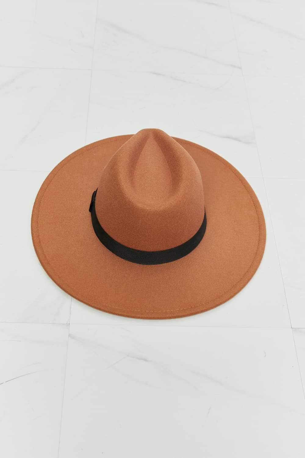 Fame Enjoy The Simple Things tan fedora hat with black ribbon band and adjustable straps