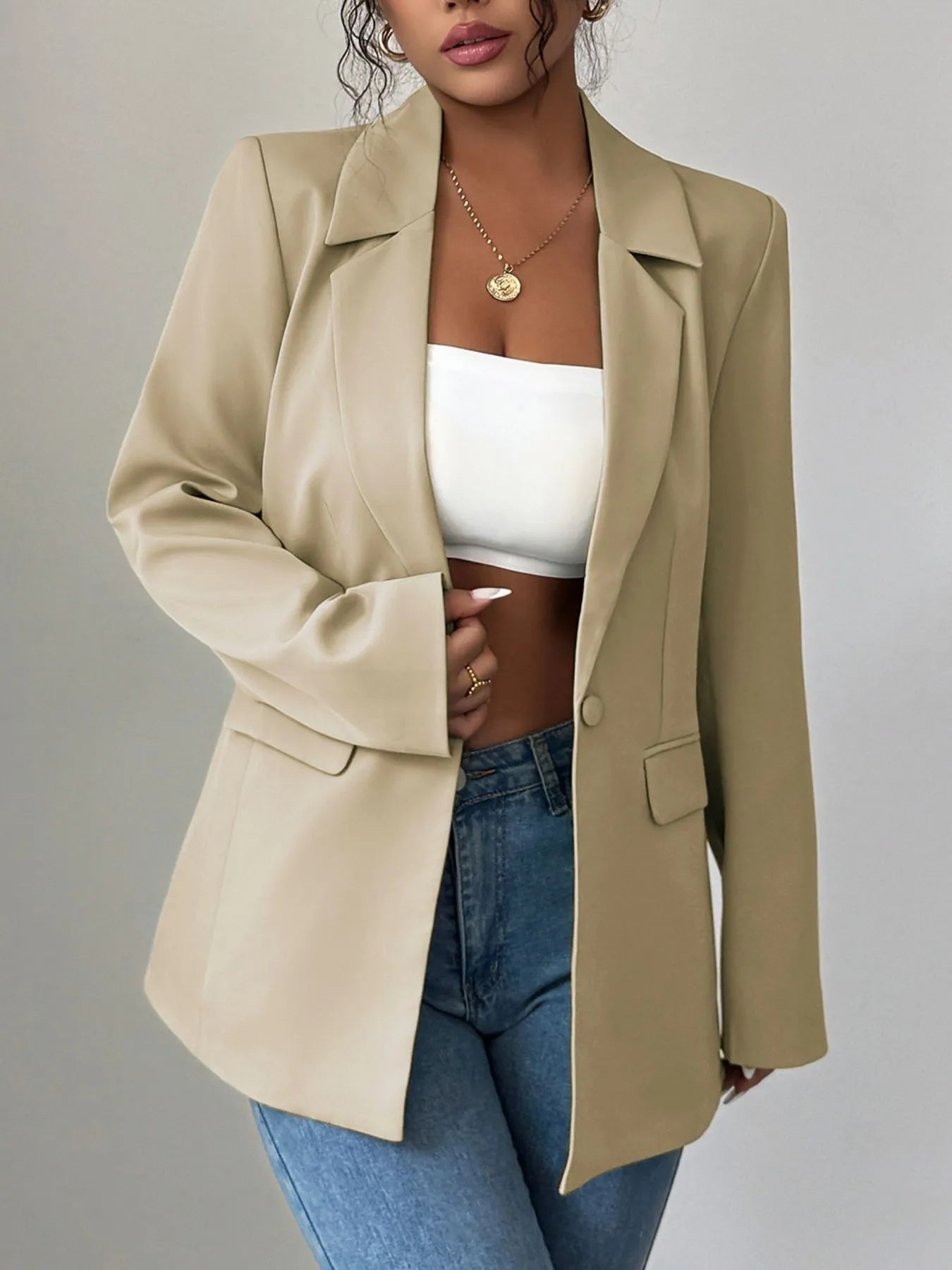 One Button Blazer with Lapel Collar.