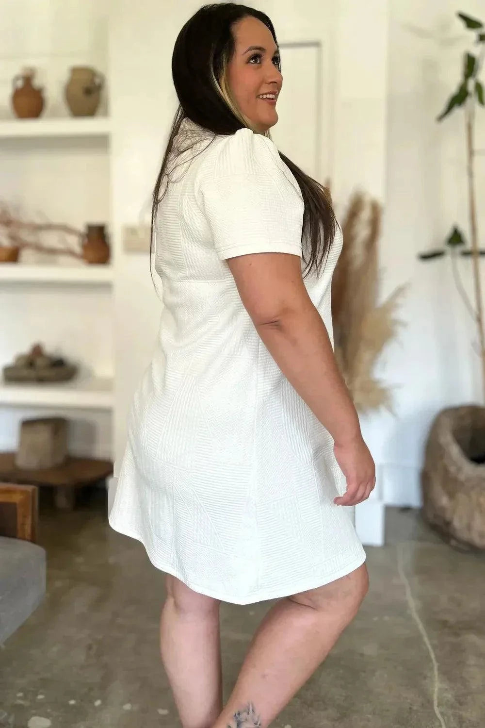 Short Sleeve Texture Dress - Double Take Full Size Fashion - Redemption By Ashley North