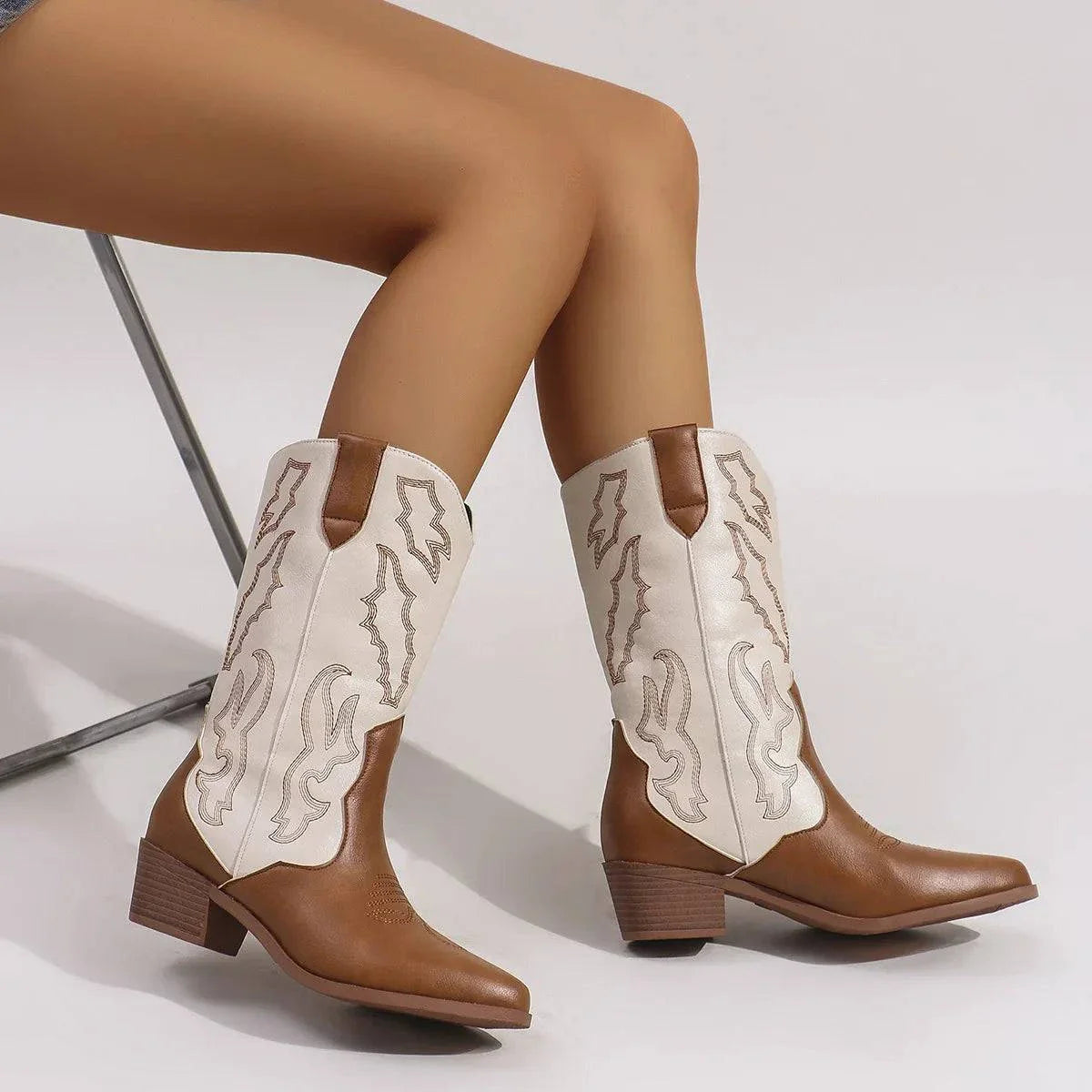 Brown and white PU leather point toe block heels boots with mid heels and decorative stitching