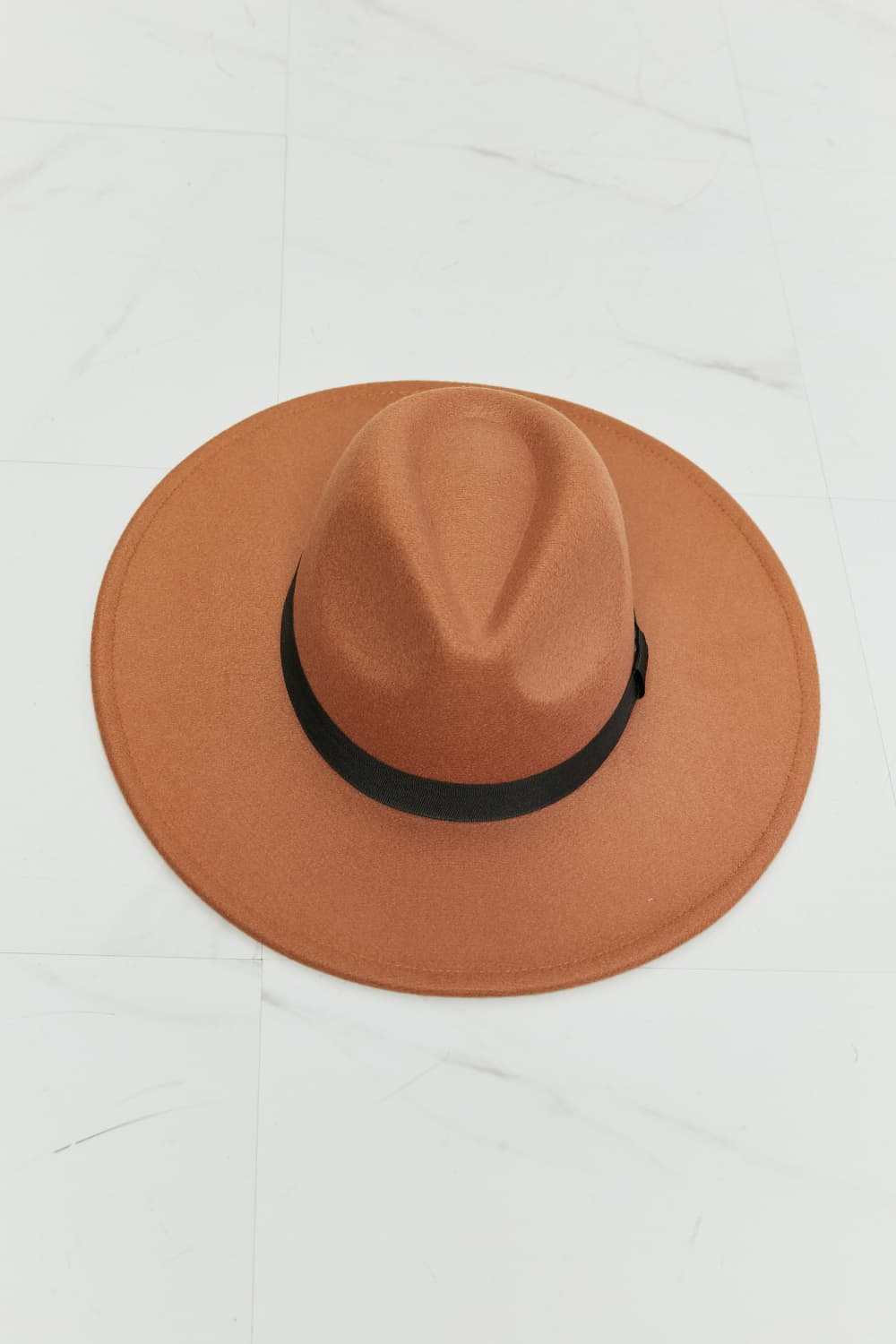 Fame Enjoy The Simple Things tan fedora hat with black ribbon band on white background