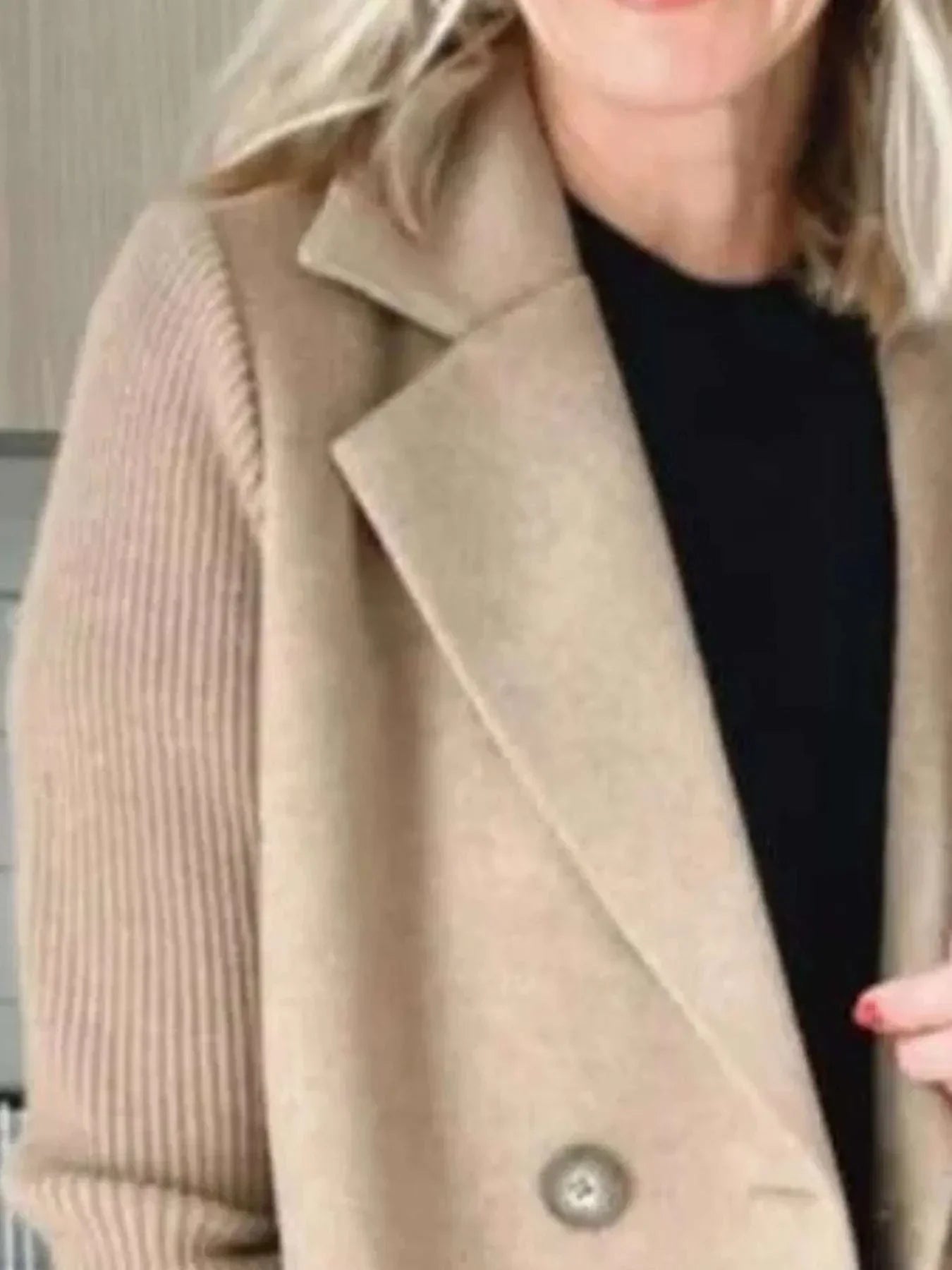 Plus size double-breasted outerwear with full size knit sleeves in beige color