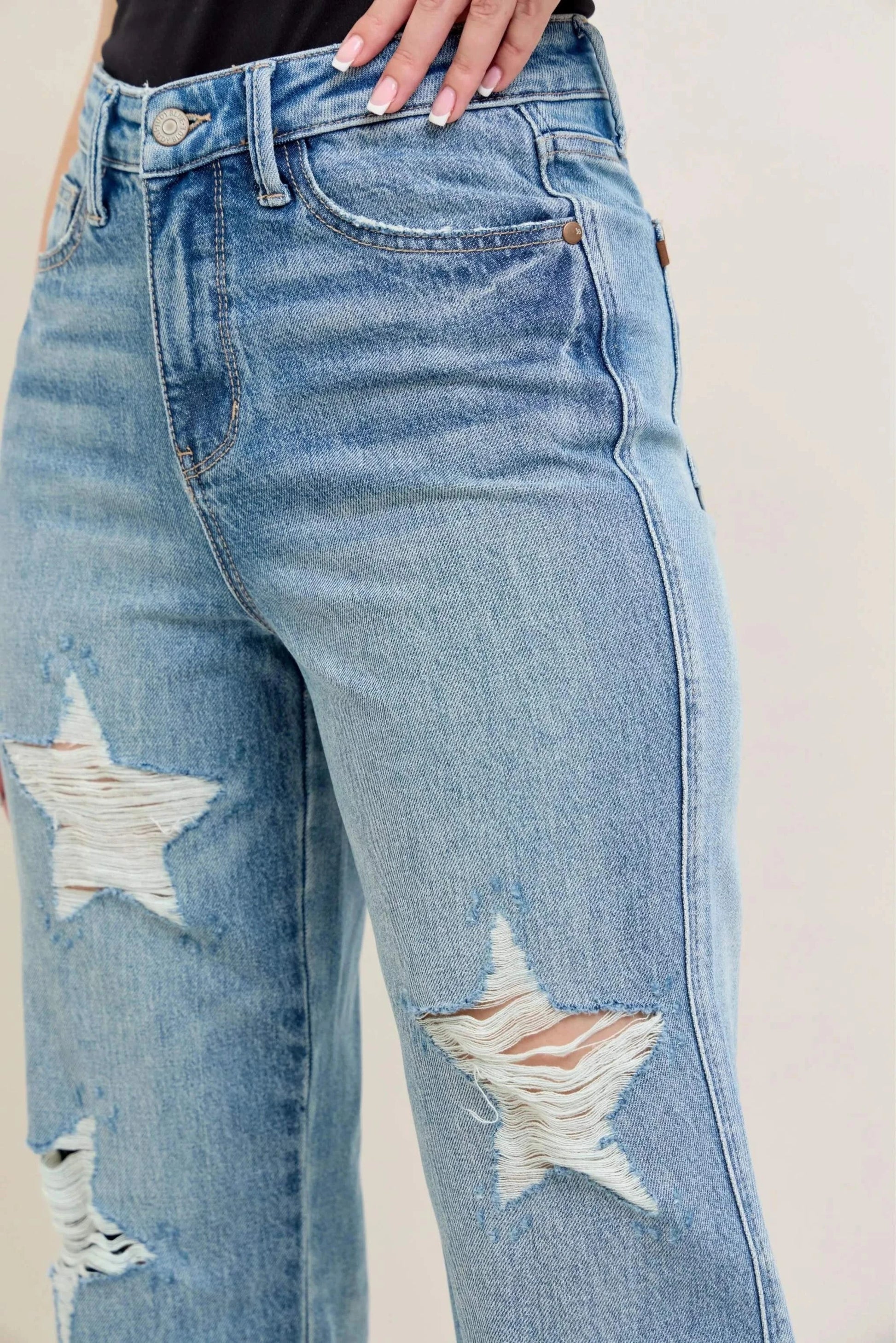 Judy Blue Plus Size 90's high waist straight jeans with star-shaped distressed details and rigid denim