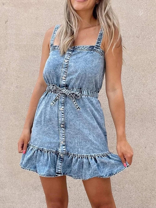 Casual Denim Mini Dress with Ruffled Hem and Tie Waist for Effortless Style - Redemption By Ashley North