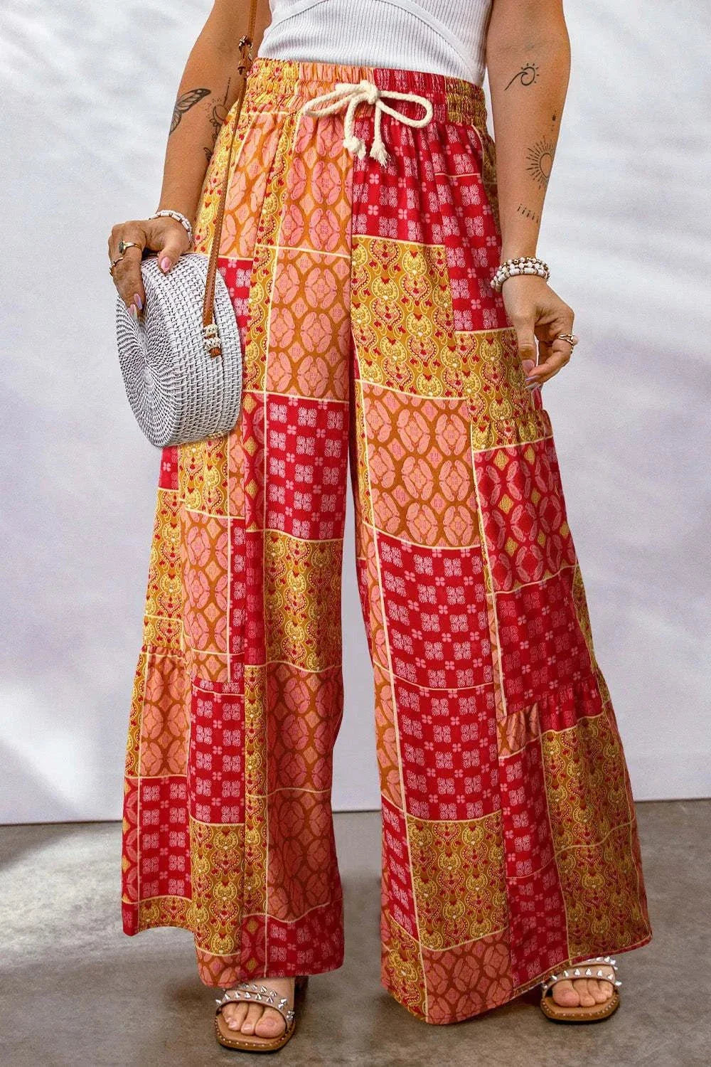 Full Size Drawstring Wide Leg Pants - Printed Women's Fashion Trousers - Redemption By Ashley North