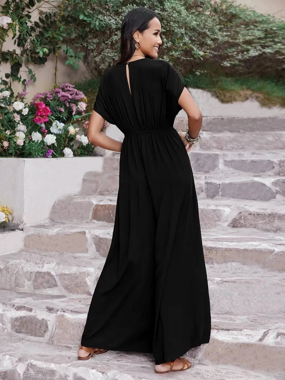 Embroidered Short Sleeve Jumpsuit with Ruched Details - Redemption By Ashley North