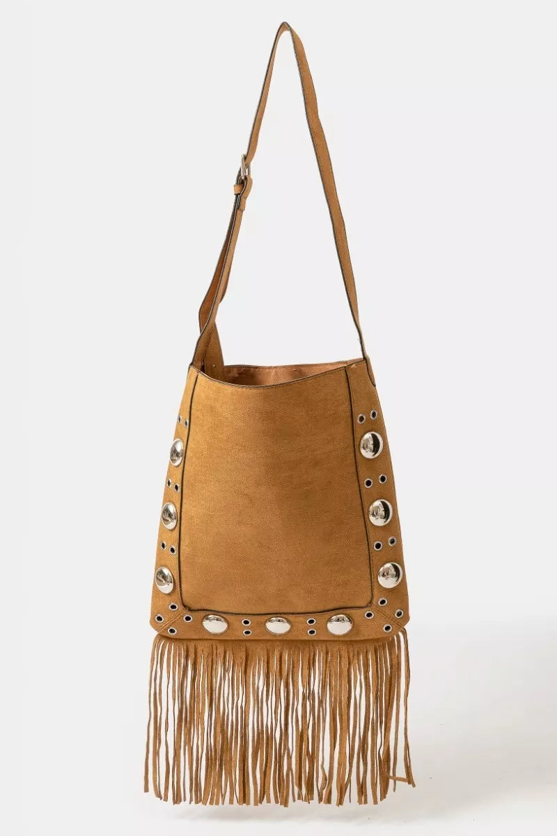 Fame Faux Suede Grommet Accent Fringe Tote Bag.
