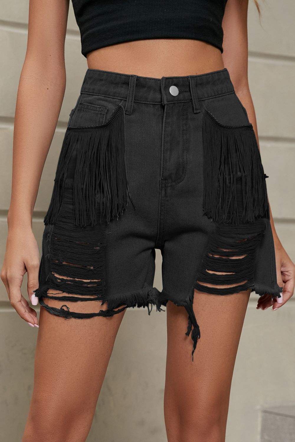 Fringe Trim Denim Shorts with Pockets - Distressed Style - Redemption By Ashley North