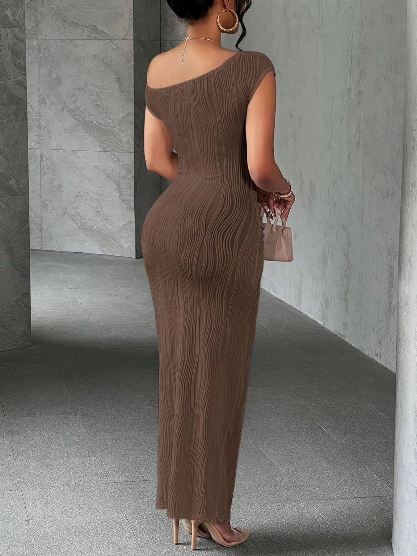Textured Bodycon Maxi Dress with Single Shoulder Design - Redemption By Ashley North